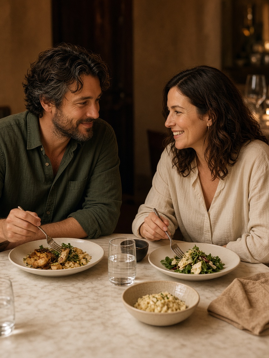Two adults sharing a meal