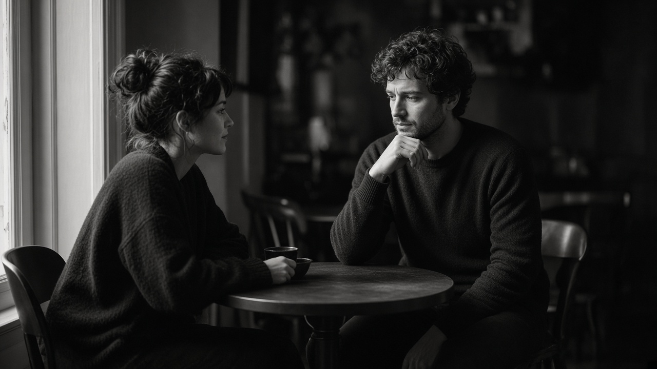 Two adults talking across a cafe table