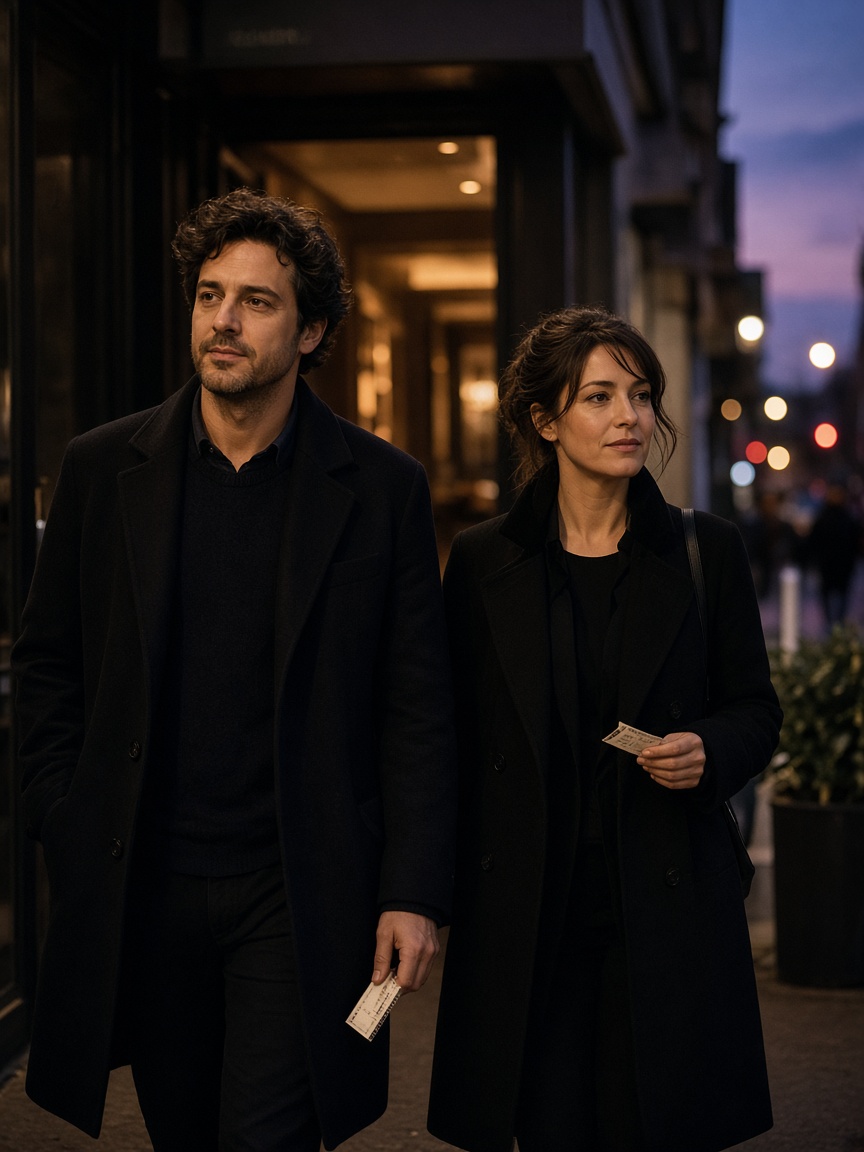 Two adults outside a cinema at dusk
