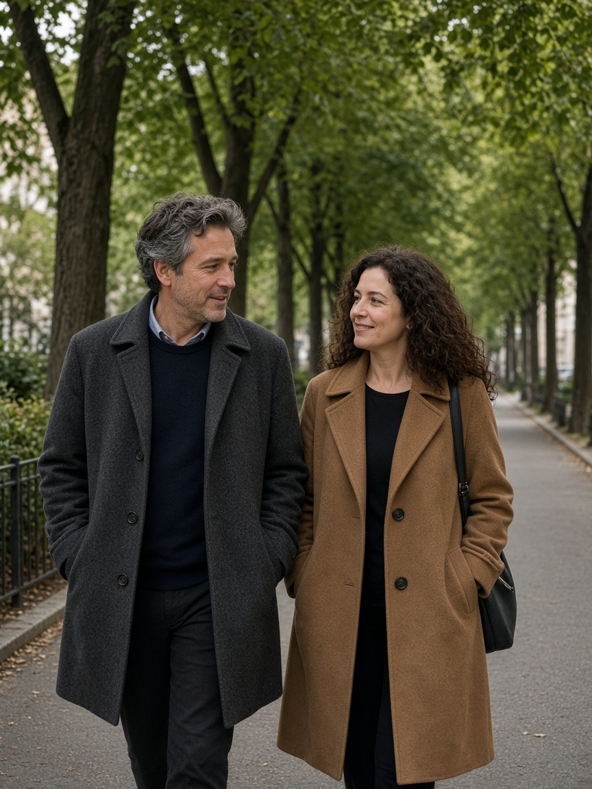 Two adults walking a tree-lined path